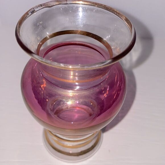 Vintage Cranberry & Clear Glass Mini Vase With Gold Trim - Picture 2 of 5